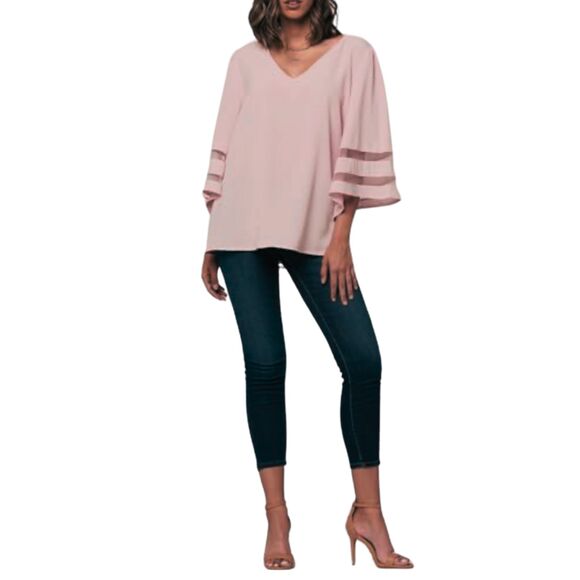 New Lantern Bell Sleeve Dusty Pink V Neck Blouse Top - Picture 10 of 12